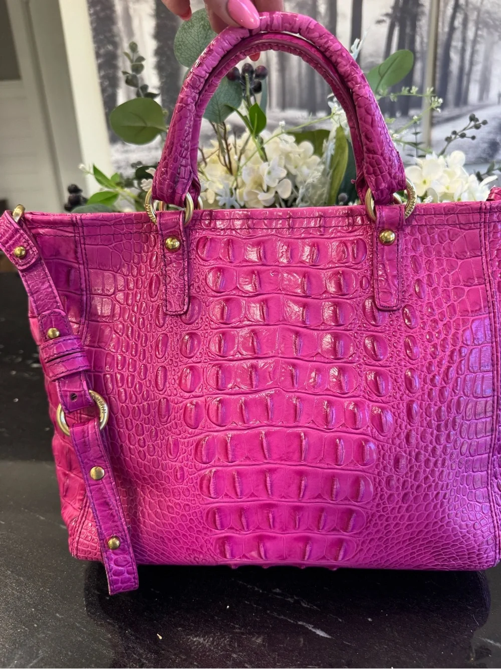 🩷🐊Brahmin Mini Asher Satchel Fuchsia Croc Embossed Leather Crossbody Pink